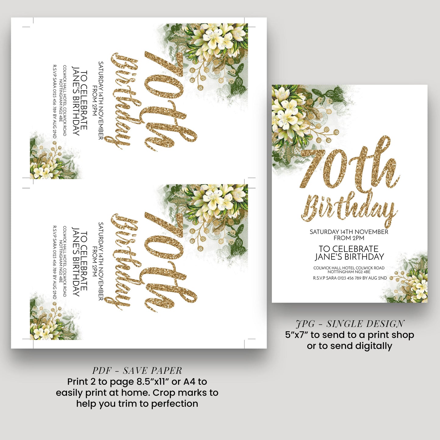 a birthday invitation for a 70th birthday celebration. It features a floral design with gold text and a white background. The invitation is for a Saturday, 14th November event from 2pm to 4pm at Colin Hall Hotel, Colibrew Road, London SW8 4PX. The invitation is designed to be printed on paper or sent digitally, depending on the user's preference.