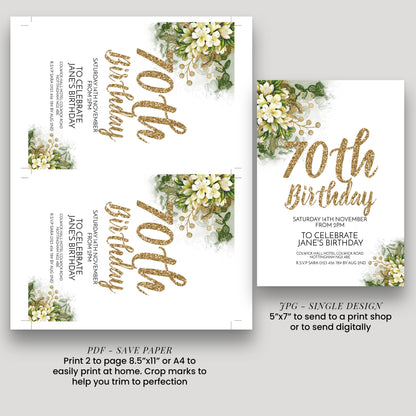 a birthday invitation for a 70th birthday celebration. It features a floral design with gold text and a white background. The invitation is for a Saturday, 14th November event from 2pm to 4pm at Colin Hall Hotel, Colibrew Road, London SW8 4PX. The invitation is designed to be printed on paper or sent digitally, depending on the user's preference.