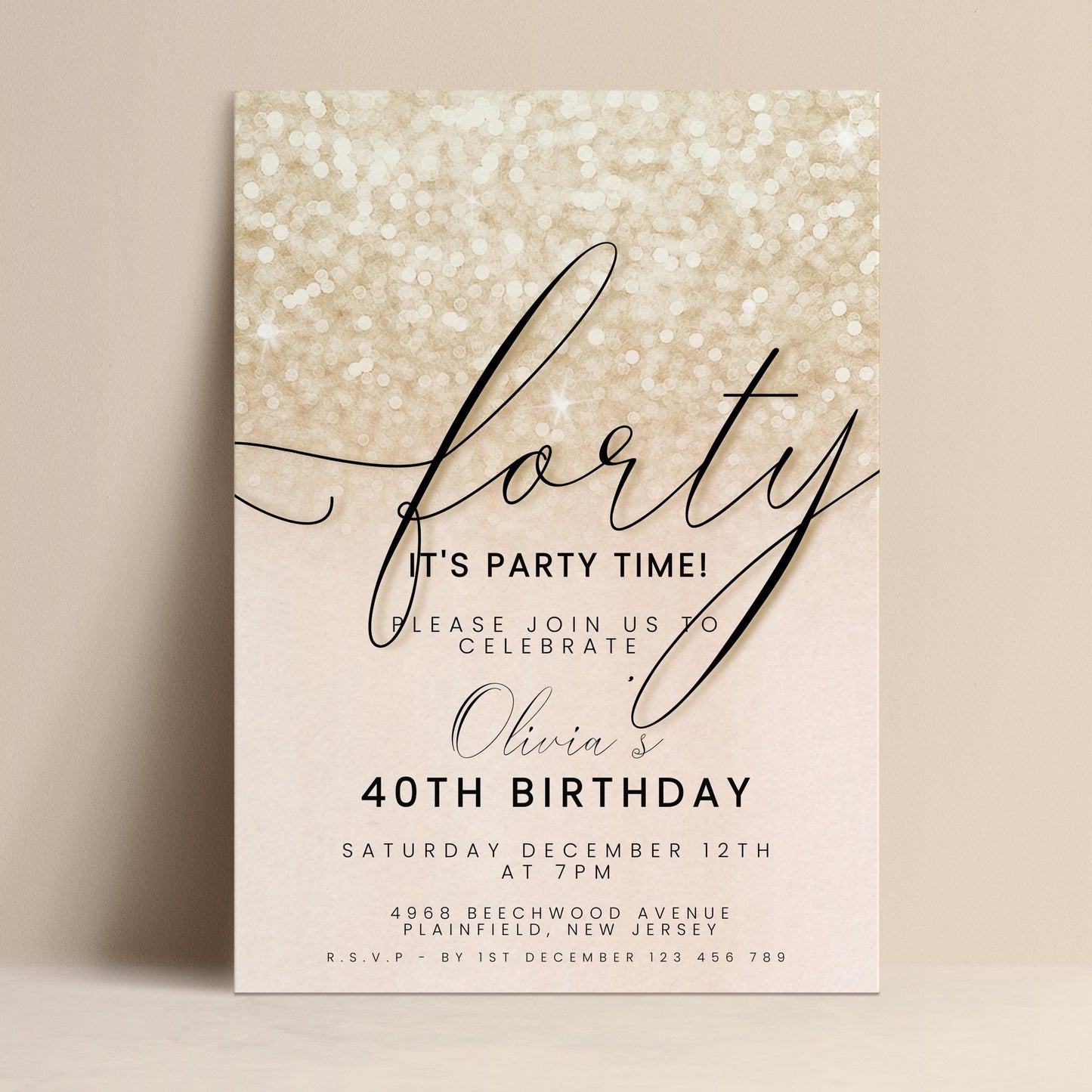 The image is a birthday party invitation for a 40th birthday celebration.
