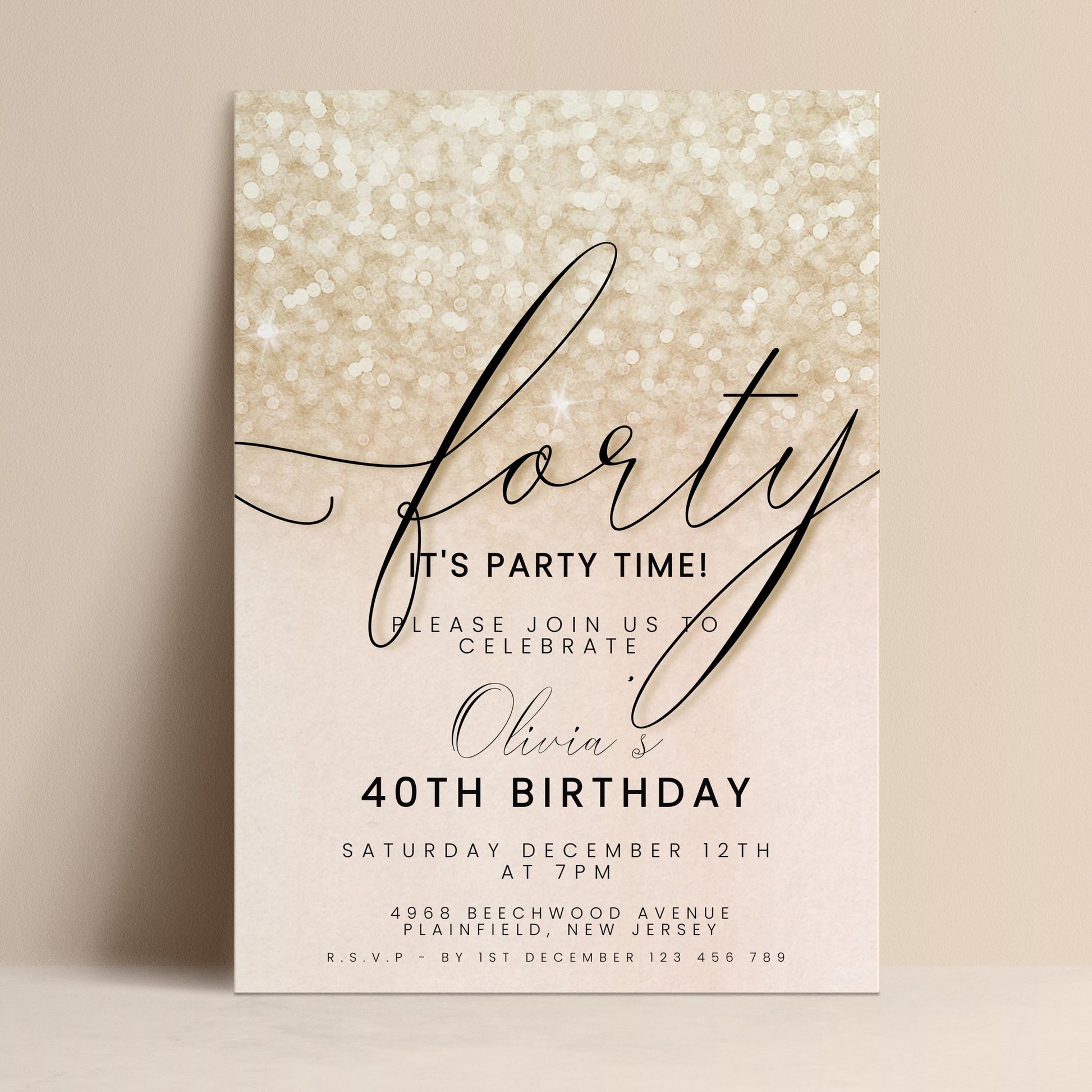 The image is a birthday party invitation for a 40th birthday celebration.