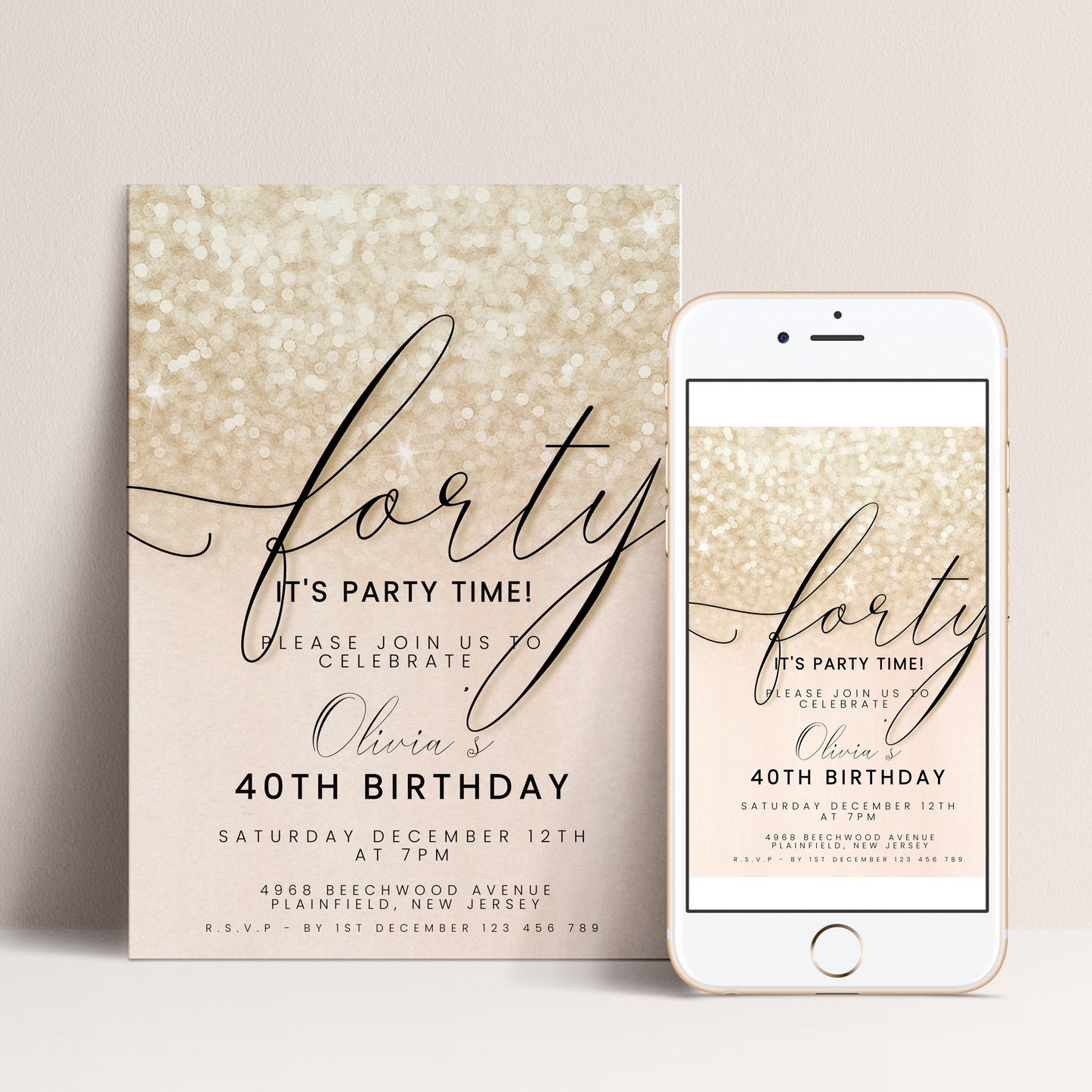 a birthday party invitation for a 40th birthday celebration. The invitation is for a party on Saturday, December 12th at the 4968 Beechwood Avenue in Plainfield, New Jersey. The invitation is for a 40th birthday party for a woman named Olivia, and it is for a 40th birthday celebration.