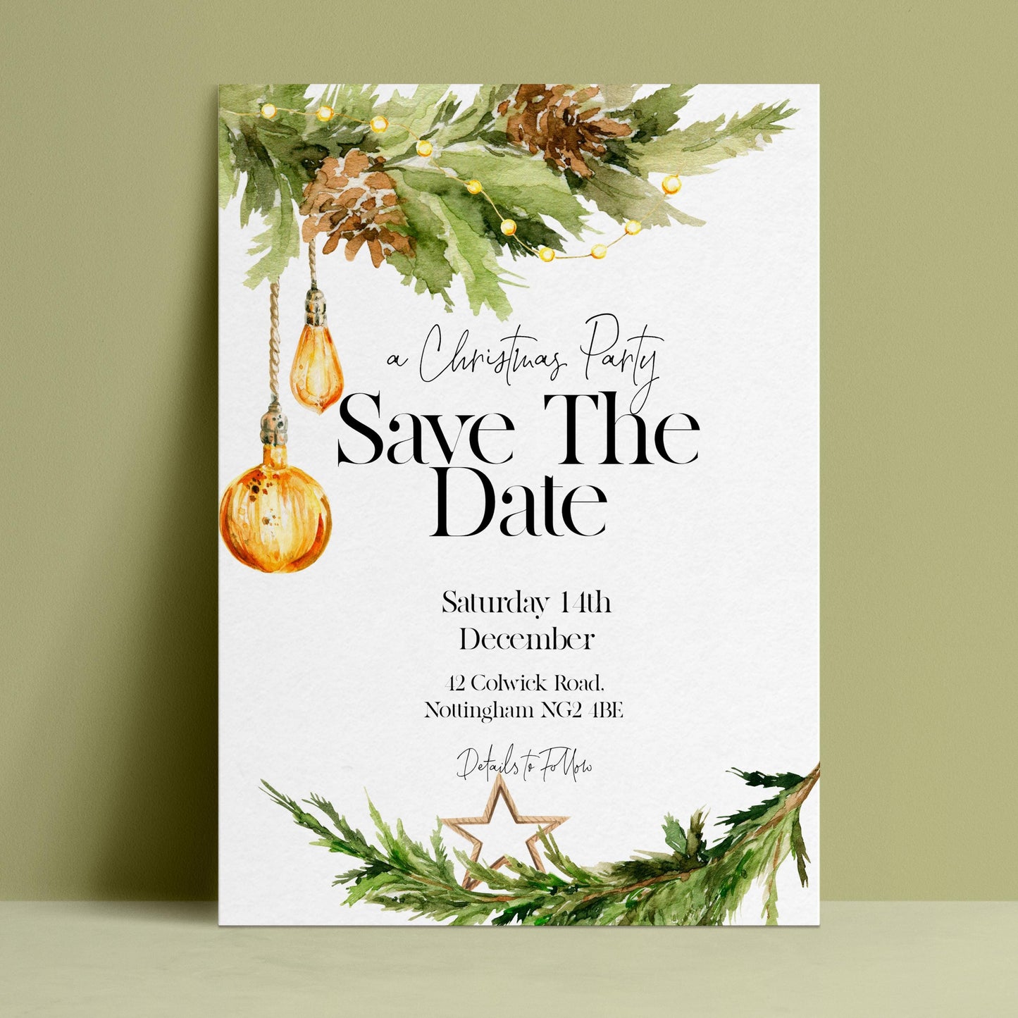 A Christmas party save-the-date card with a festive design featuring pine branches, Christmas lights, and a star.