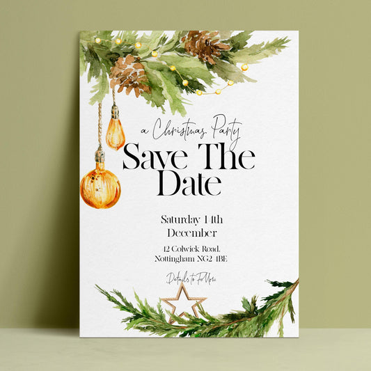 A Christmas party save-the-date card with a festive design featuring pine branches, Christmas lights, and a star.
