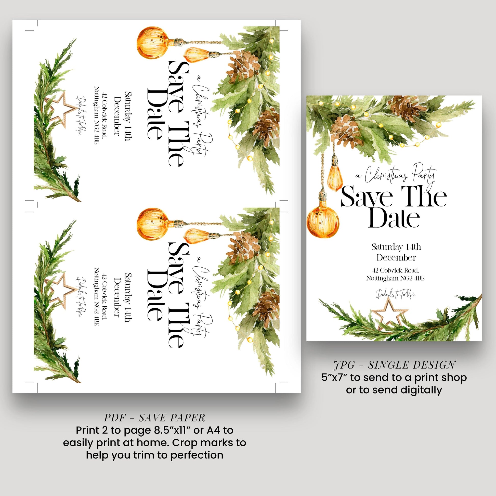 a Christmas party invitation with a festive design featuring pine branches, Christmas lights, and a star. The invitation is for a "Save the Date" event, and it includes instructions for printing and sending the invitation.