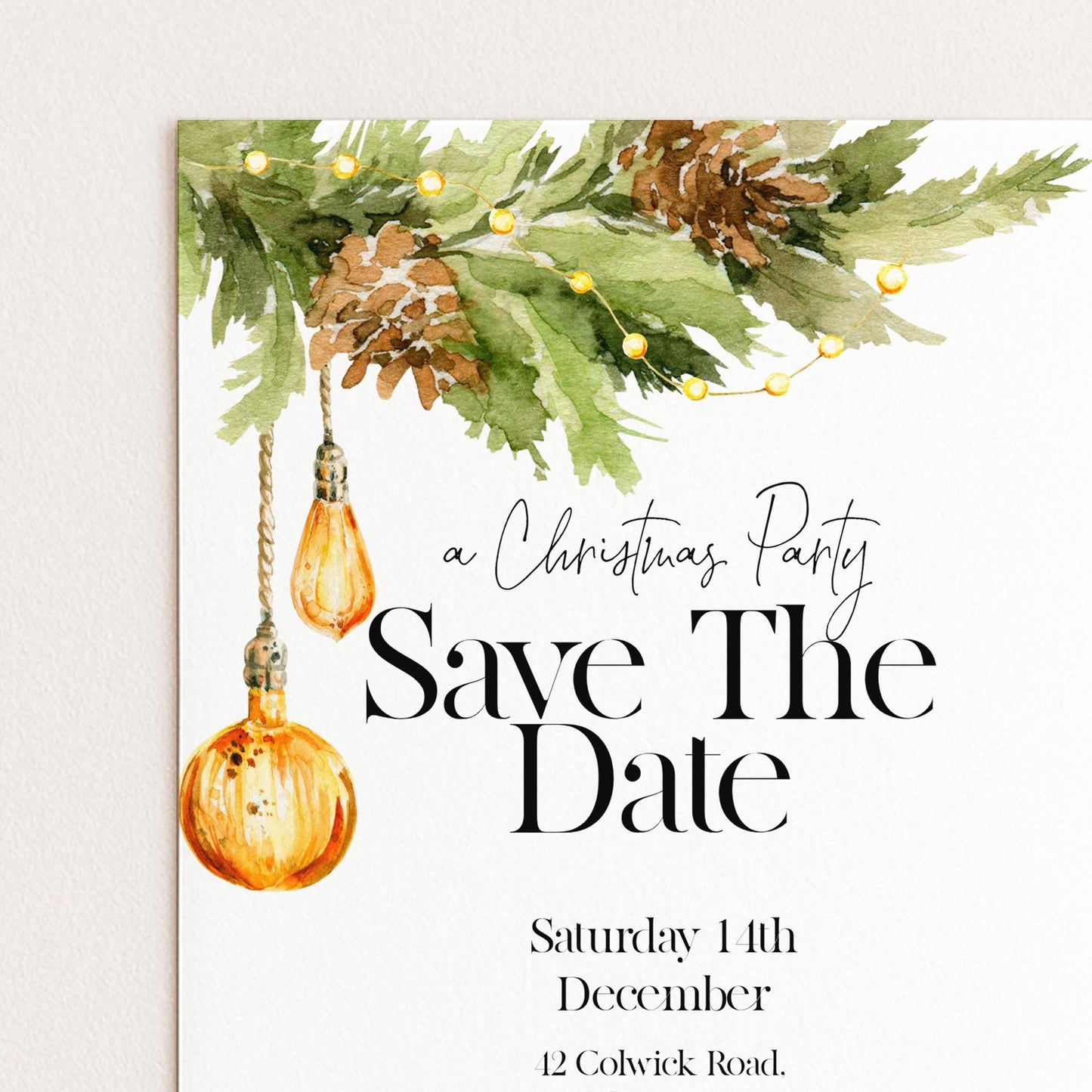 A Christmas party invitation with a watercolor illustration of Christmas lights and pine cones.