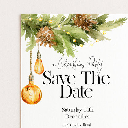 A Christmas party invitation with a watercolor illustration of Christmas lights and pine cones.