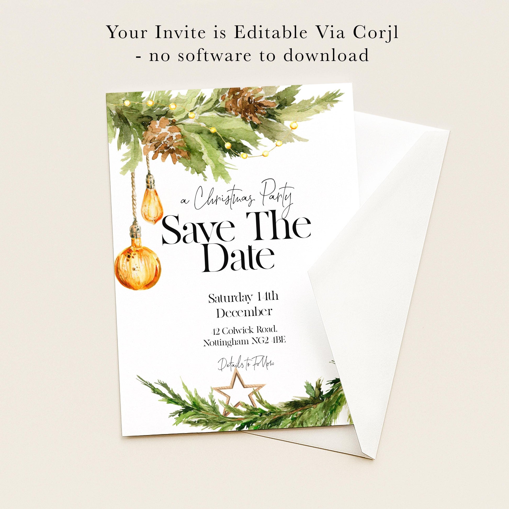 A white invitation card with a Christmas-themed design, featuring a pine tree, ornaments, and greenery. The text on the card announces a "Christmas Party" and provides details about the event, including the date, time, and location.