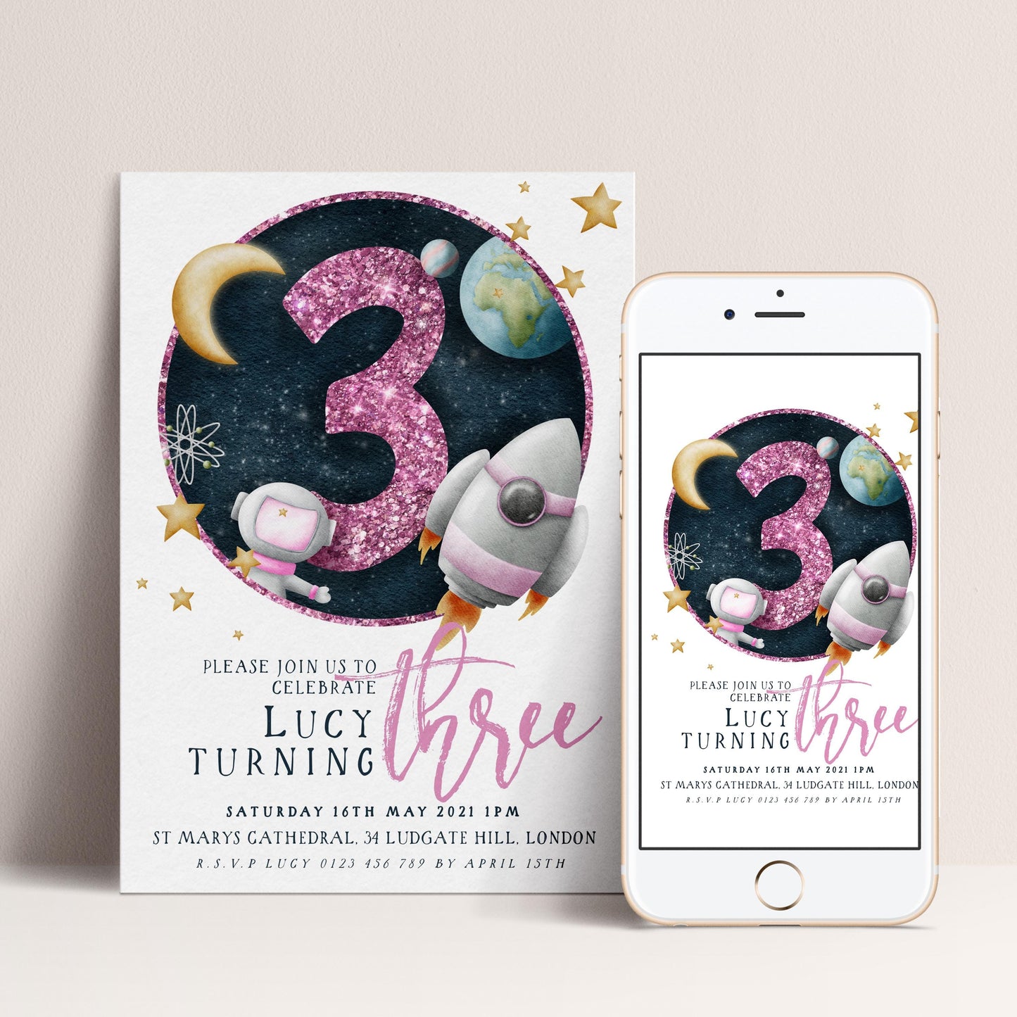 The image is a birthday invitation for a girl named Lucy turning three. It features a space theme with planets, stars, and a rocket ship. The invitation is for a birthday party on Saturday, May 16th, 2021, at St. Mary's Cathedral, located at 345 Ludgate Hill, London.