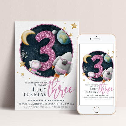 The image is a birthday invitation for a girl named Lucy turning three. It features a space theme with planets, stars, and a rocket ship. The invitation is for a birthday party on Saturday, May 16th, 2021, at St. Mary's Cathedral, located at 345 Ludgate Hill, London.
