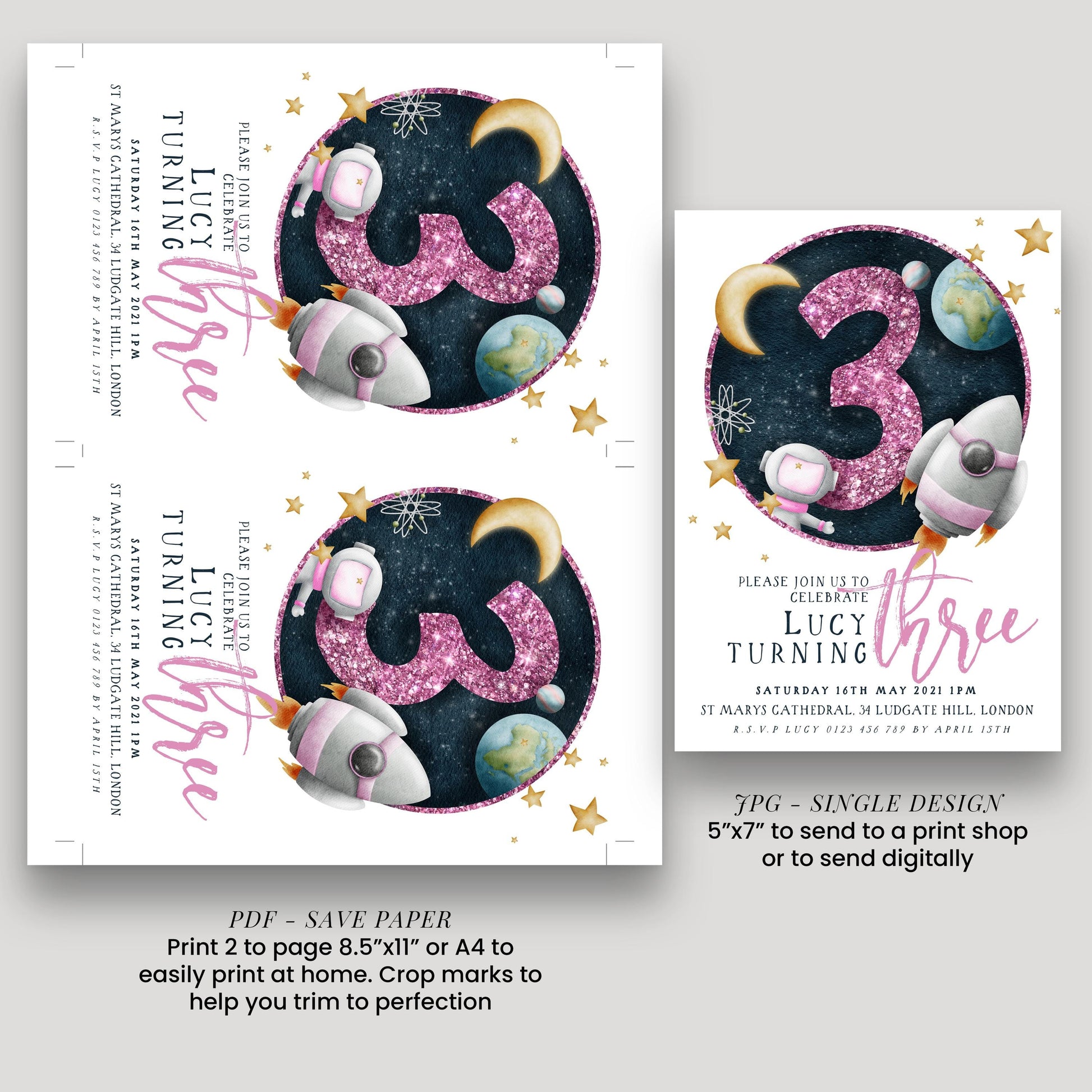 The image is a birthday invitation featuring a space theme with a pink number 3, stars, and a rocket ship. The invitation is for a "Lucy's 3rd Birthday" party on Saturday, June 6th, at St. Mary's Cathedral in London. The invitation includes details about the event, such as the date, time, location, and RSVP instructions. It also provides a printable design for sending to a print shop or digitally.