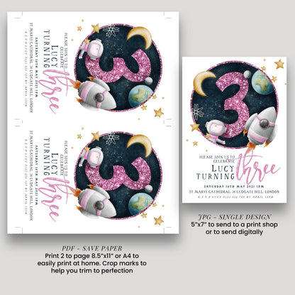 The image is a birthday invitation featuring a space theme with a pink number 3, stars, and a rocket ship. The invitation is for a "Lucy's 3rd Birthday" party on Saturday, June 6th, at St. Mary's Cathedral in London. The invitation includes details about the event, such as the date, time, location, and RSVP instructions. It also provides a printable design for sending to a print shop or digitally.
