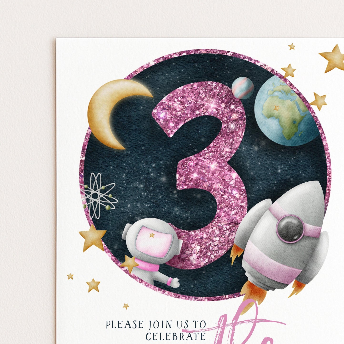 The image is a birthday party invitation featuring a space theme with a number 3, a crescent moon, a planet, and a rocket ship.