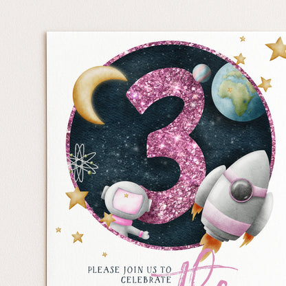 The image is a birthday party invitation featuring a space theme with a number 3, a crescent moon, a planet, and a rocket ship.