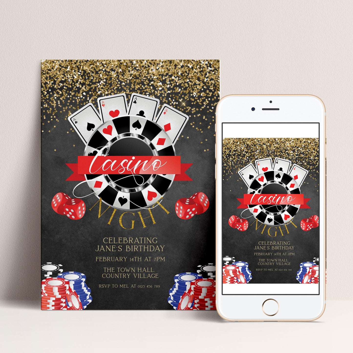 The image is a casino-themed birthday party invitation featuring a casino motif, including playing cards, poker chips, and a roulette wheel.