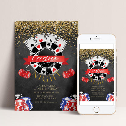 The image is a casino-themed birthday party invitation featuring a casino motif, including playing cards, poker chips, and a roulette wheel.