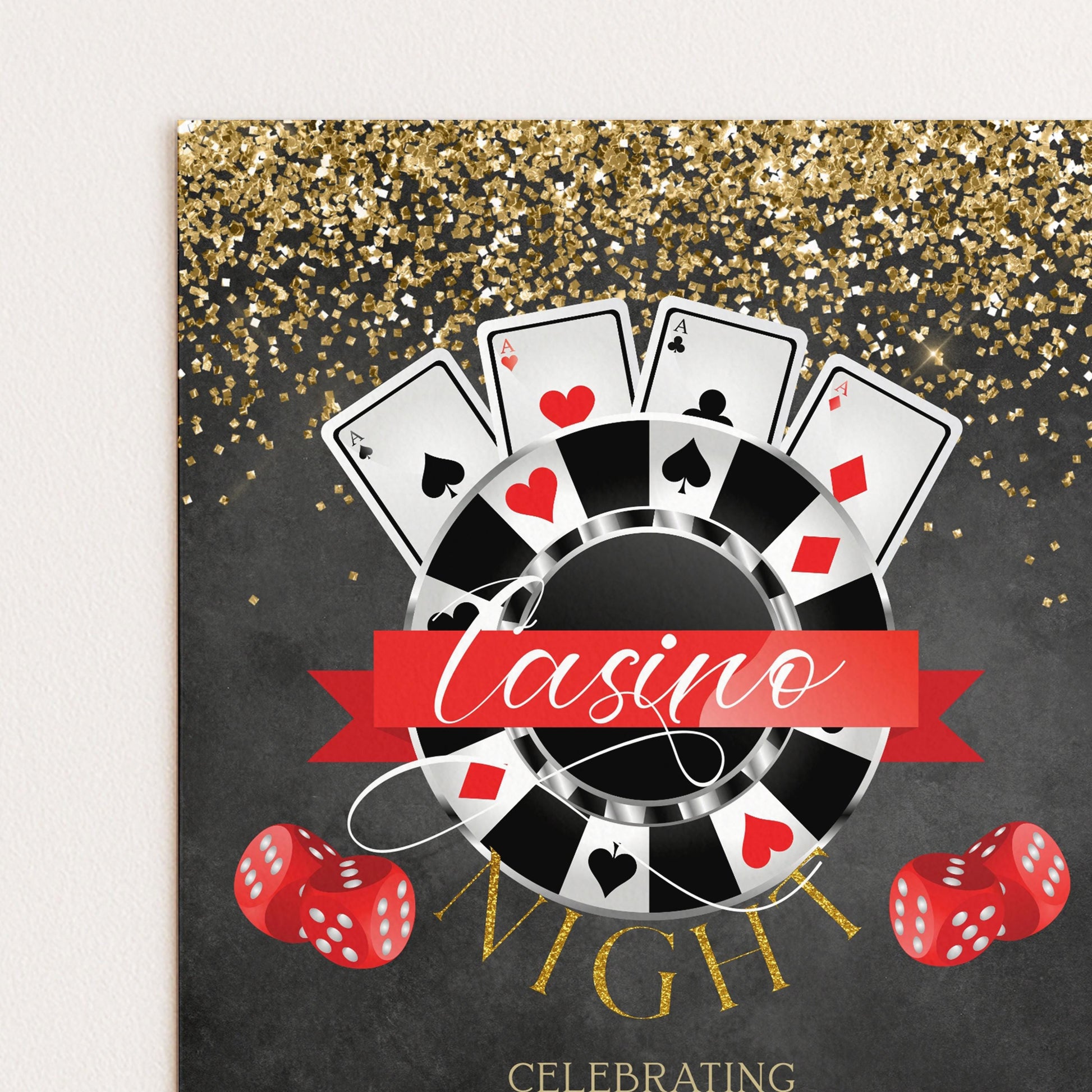 The image is a casino-themed graphic design featuring playing cards, dice, and a banner with the word "casino" written on it.