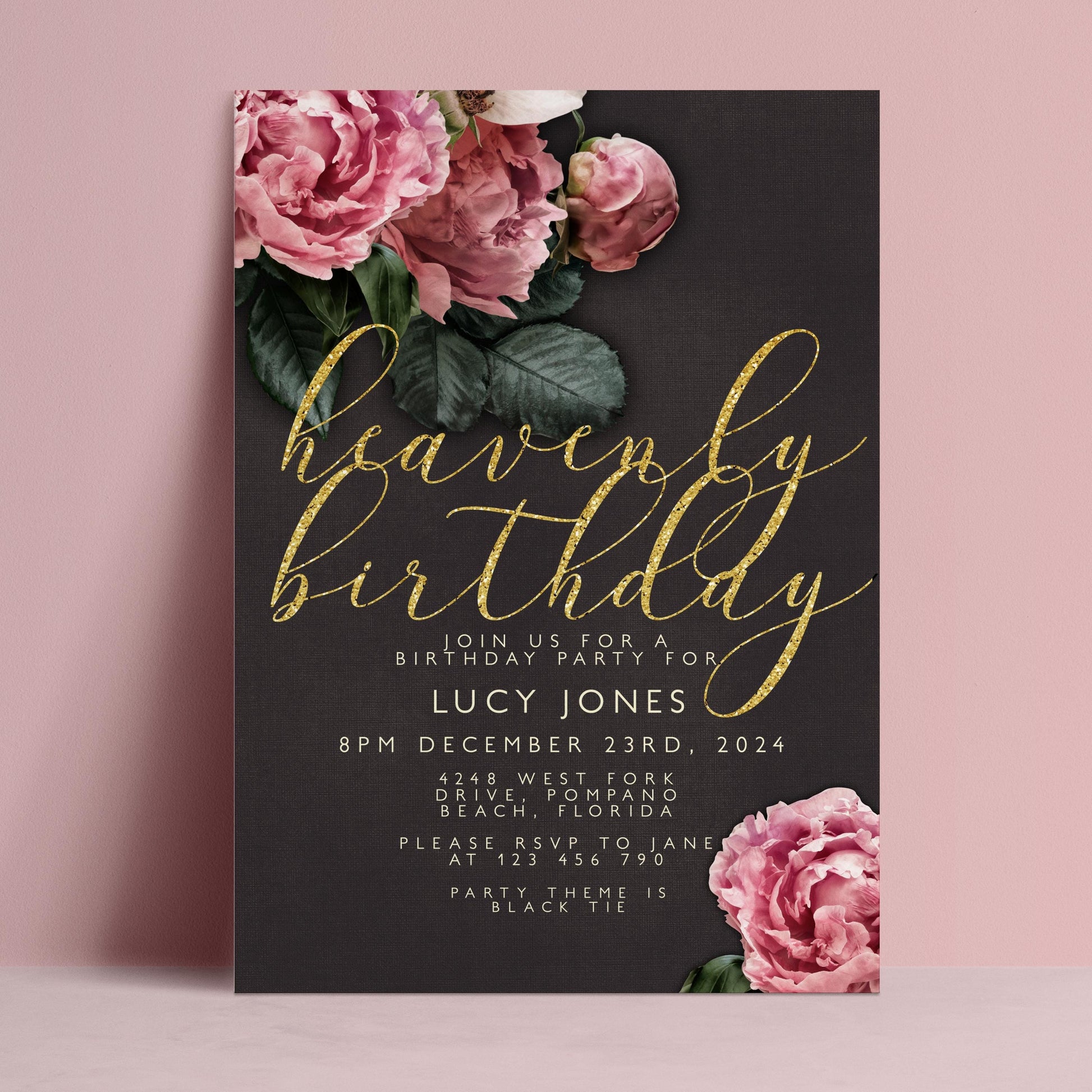 The image is a birthday party invitation featuring a dark background with a floral design and gold text.