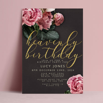 The image is a birthday party invitation featuring a dark background with a floral design and gold text.