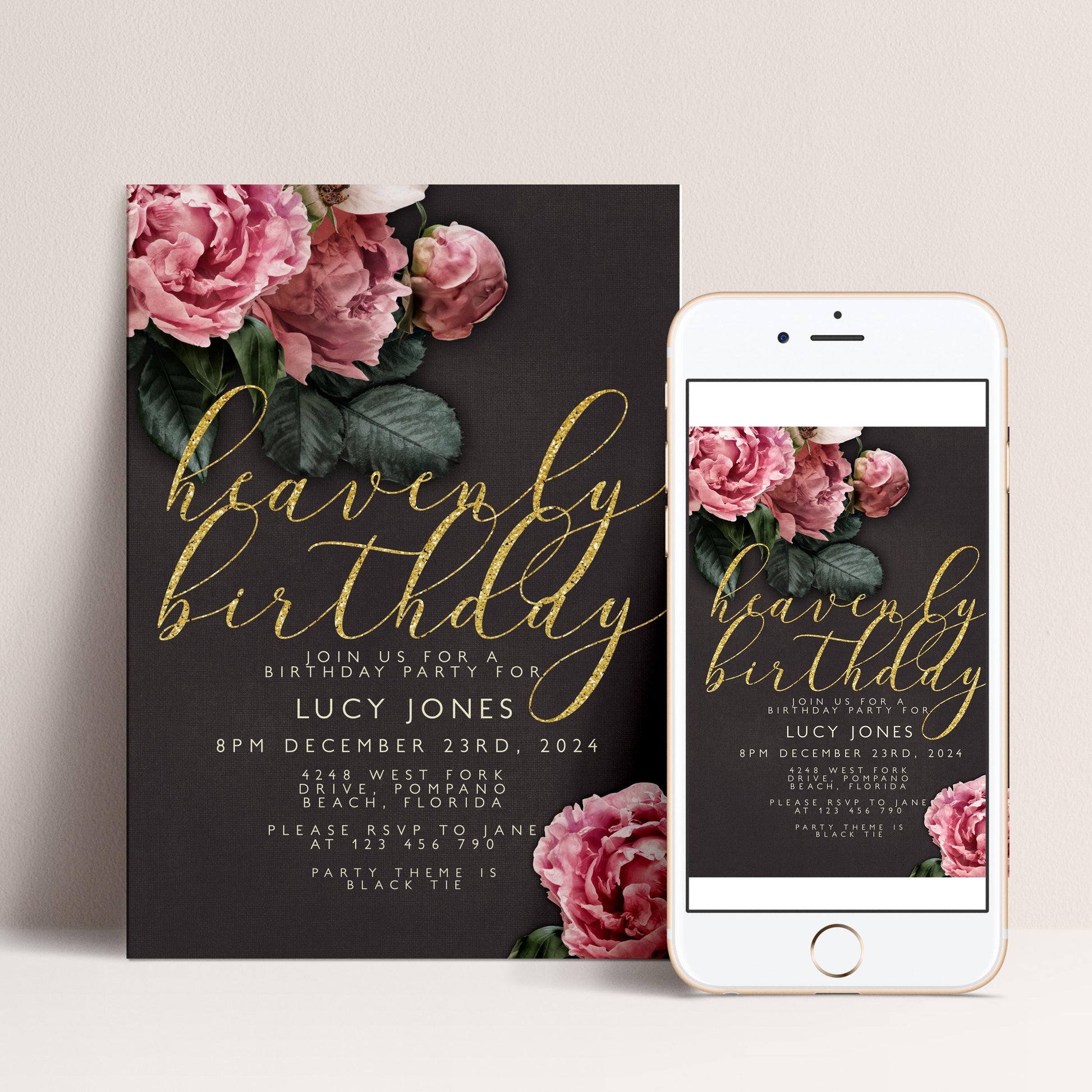 a birthday invitation with a floral design and gold text, along with a smartphone displaying a similar birthday invitation.