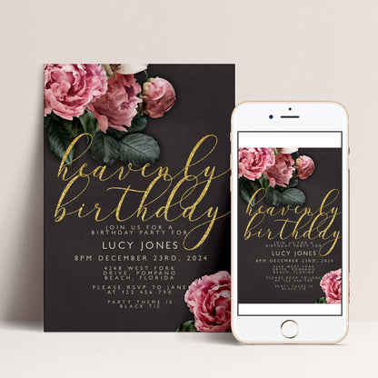 a birthday invitation with a floral design and gold text, along with a smartphone displaying a similar birthday invitation.