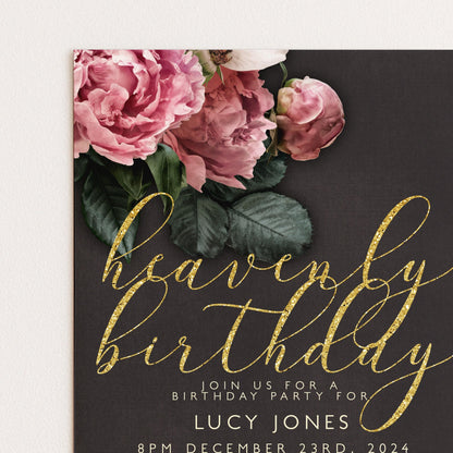 The image is a birthday party invitation featuring a floral design with pink and white flowers against a dark background.