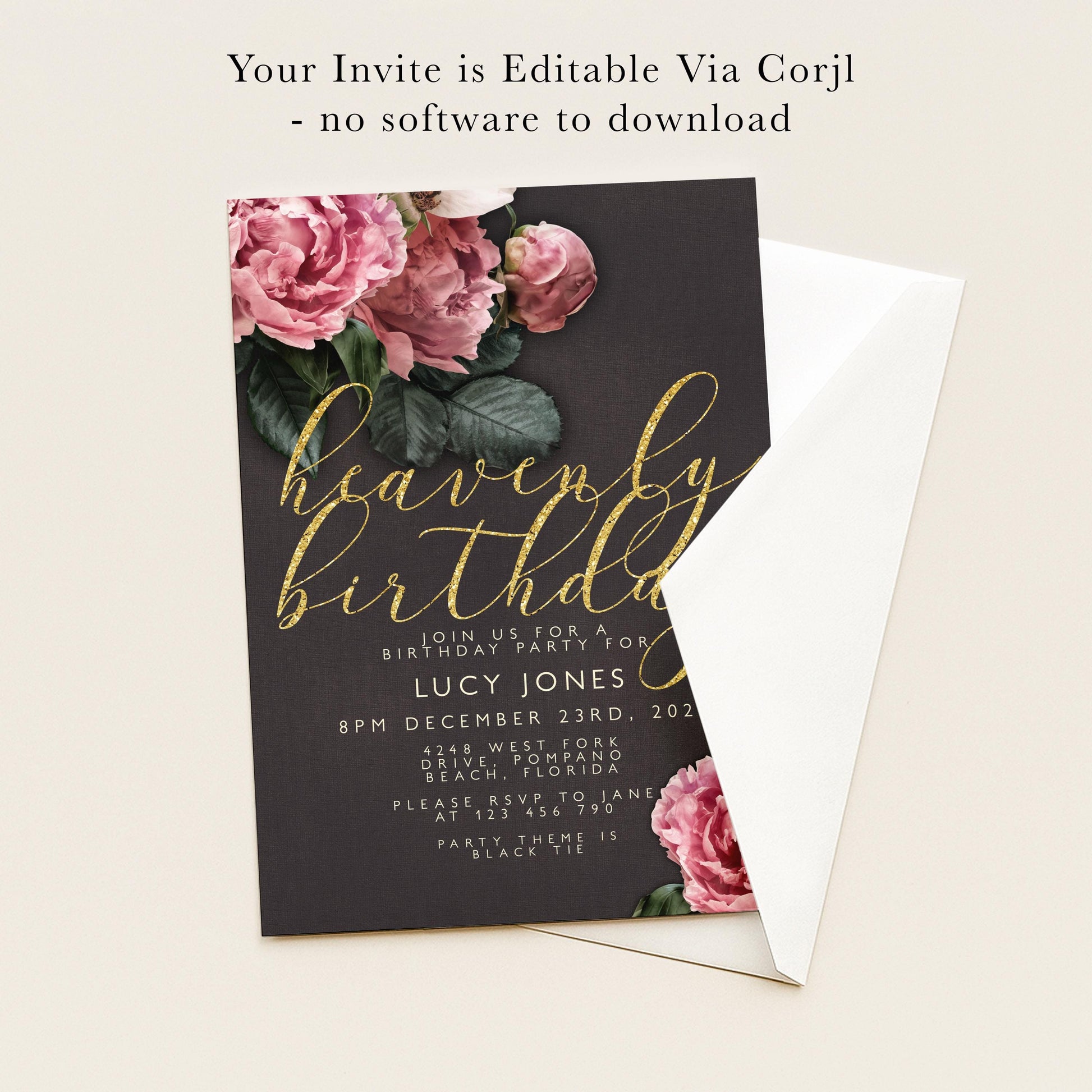 The image is a birthday invitation featuring a dark background with a floral design and gold text.