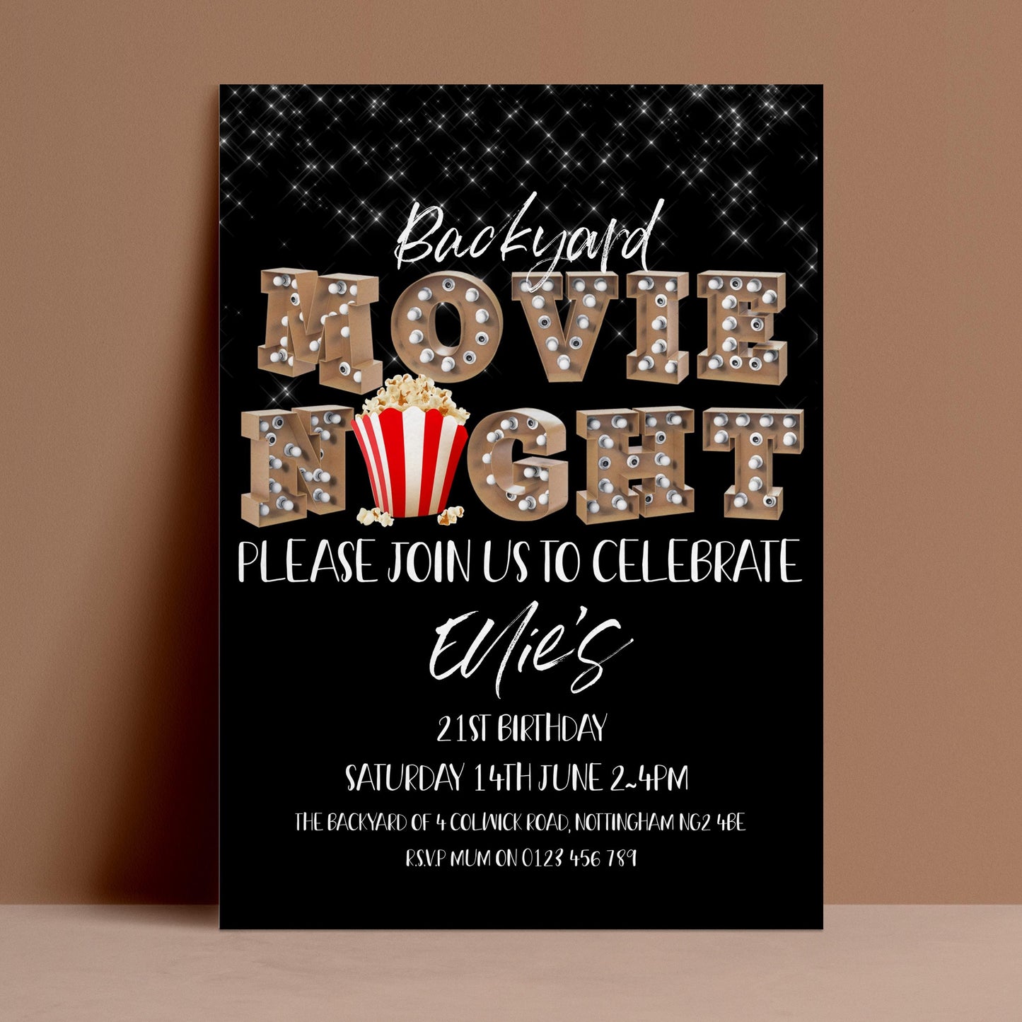 The image is a birthday party invitation for a backyard movie night.