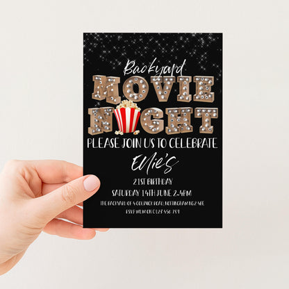 The image is a black and white invitation card for a backyard movie night event.