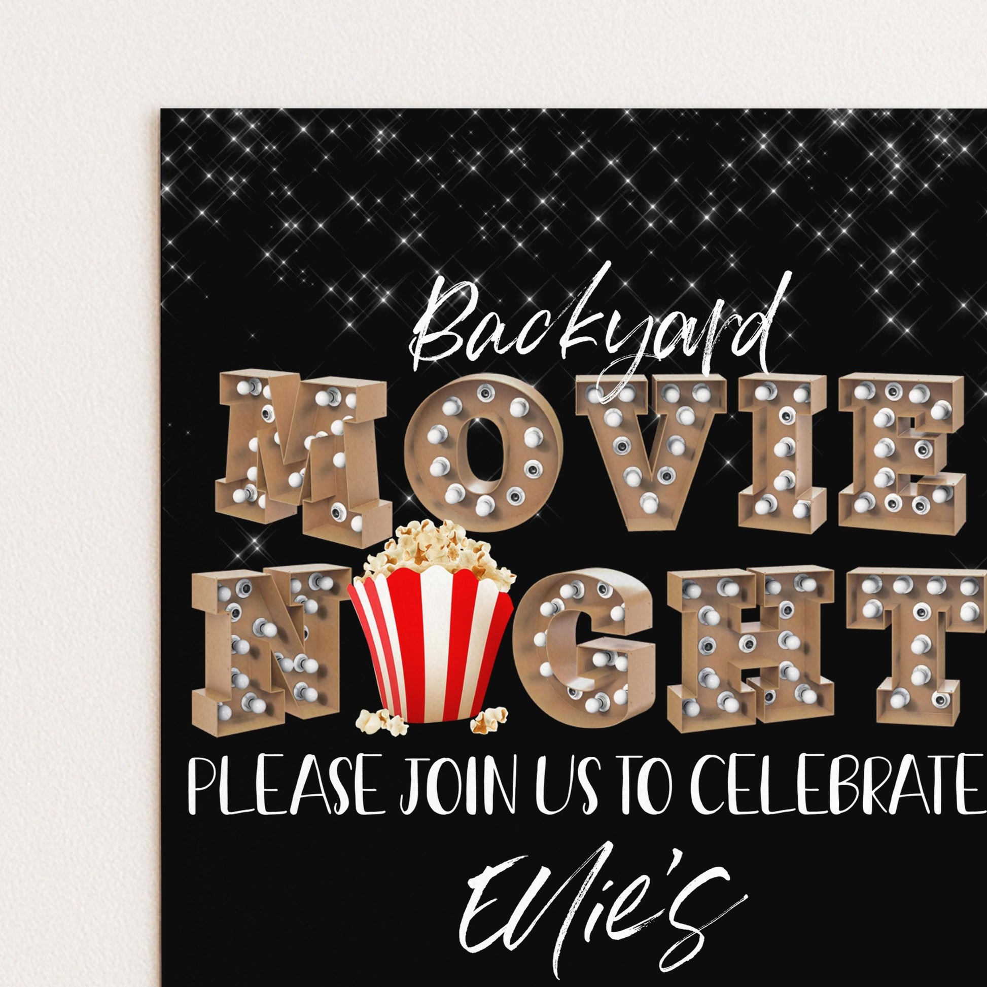 The image is a promotional poster for a backyard movie night event. It features the words "Backyard Movie Night" in a decorative font, with a popcorn bucket in the center. The poster invites viewers to "Please join us to celebrate" and includes the name "Eli's" at the bottom.