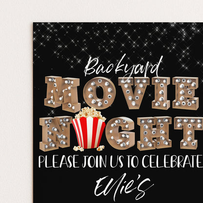 The image is a promotional poster for a backyard movie night event. It features the words "Backyard Movie Night" in a decorative font, with a popcorn bucket in the center. The poster invites viewers to "Please join us to celebrate" and includes the name "Eli's" at the bottom.