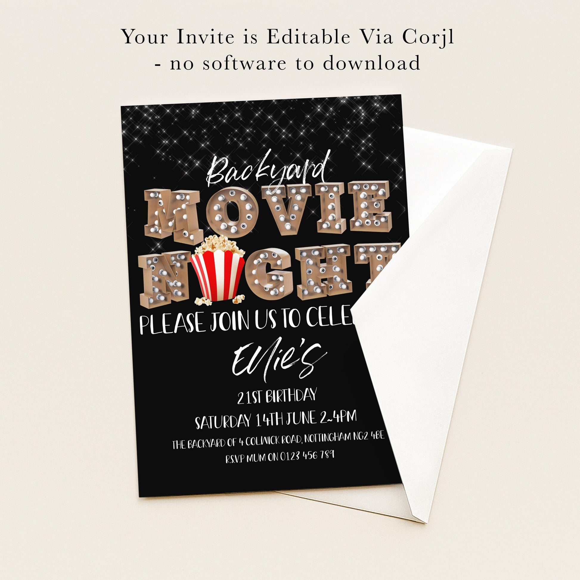 The image is a birthday invitation for a movie night, with a black background and white text.
