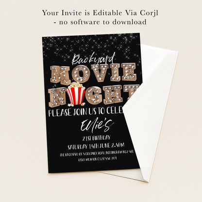 The image is a birthday invitation for a movie night, with a black background and white text.