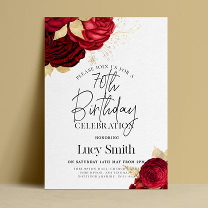 The image is a birthday invitation for a 70th celebration, featuring a floral design with red roses and gold accents.