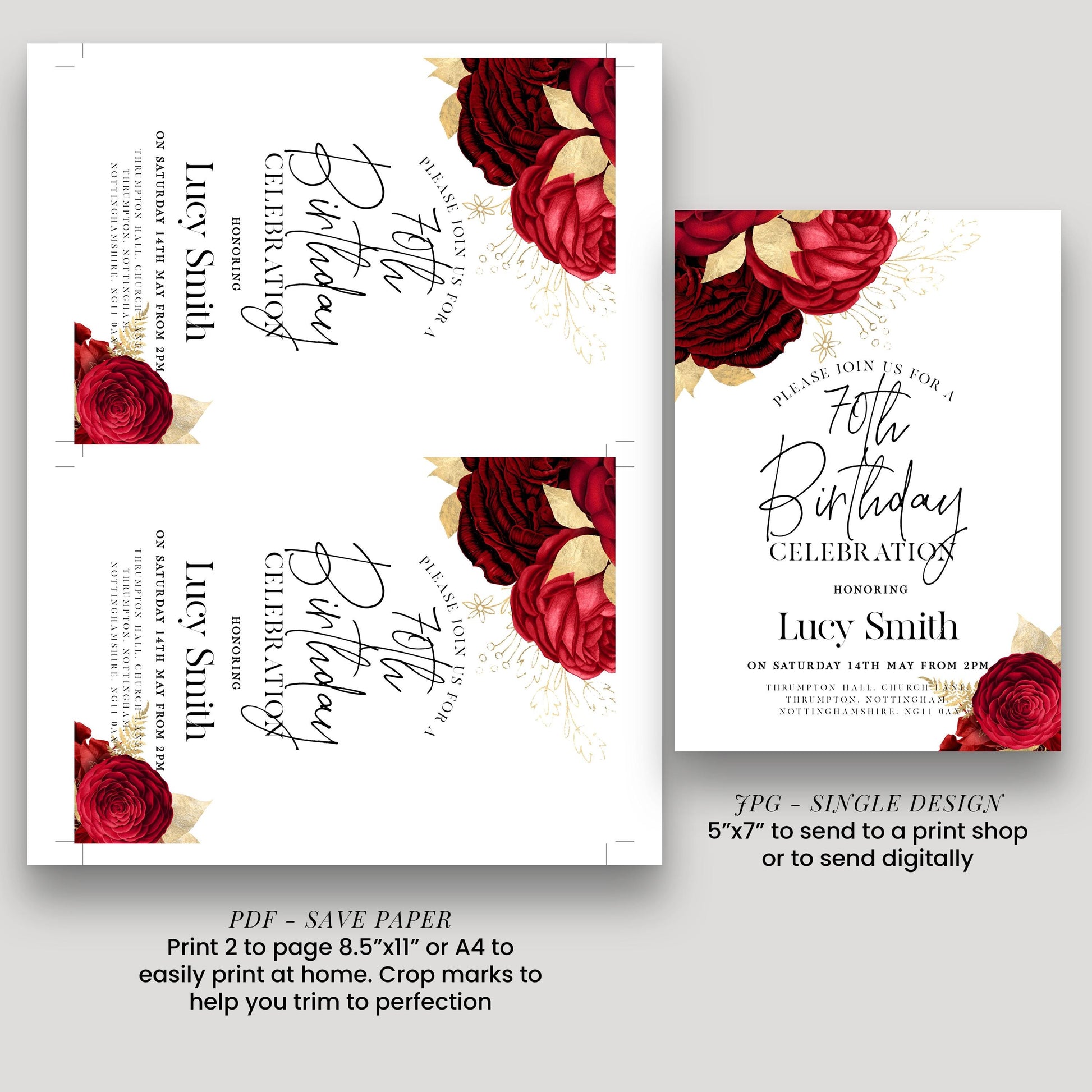 a birthday party invitation for Lucy Smith's 70th birthday celebration. The invitation features a floral design with red roses and gold accents. The invitation is for a 75th birthday party on Saturday, 14th May from 2 pm, at the Thirlwood Hotel inNOTTON, NICHOLS, GUITA. The invitation is for a honororing Lucy Smith, and it is available in both print and digital formats.