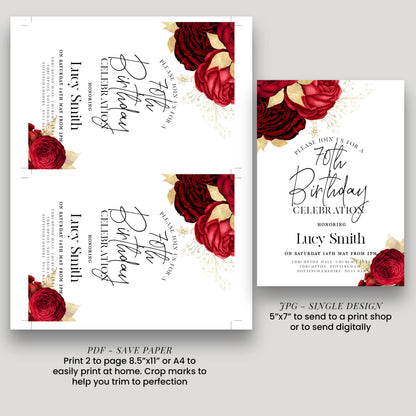 a birthday party invitation for Lucy Smith's 70th birthday celebration. The invitation features a floral design with red roses and gold accents. The invitation is for a 75th birthday party on Saturday, 14th May from 2 pm, at the Thirlwood Hotel inNOTTON, NICHOLS, GUITA. The invitation is for a honororing Lucy Smith, and it is available in both print and digital formats.