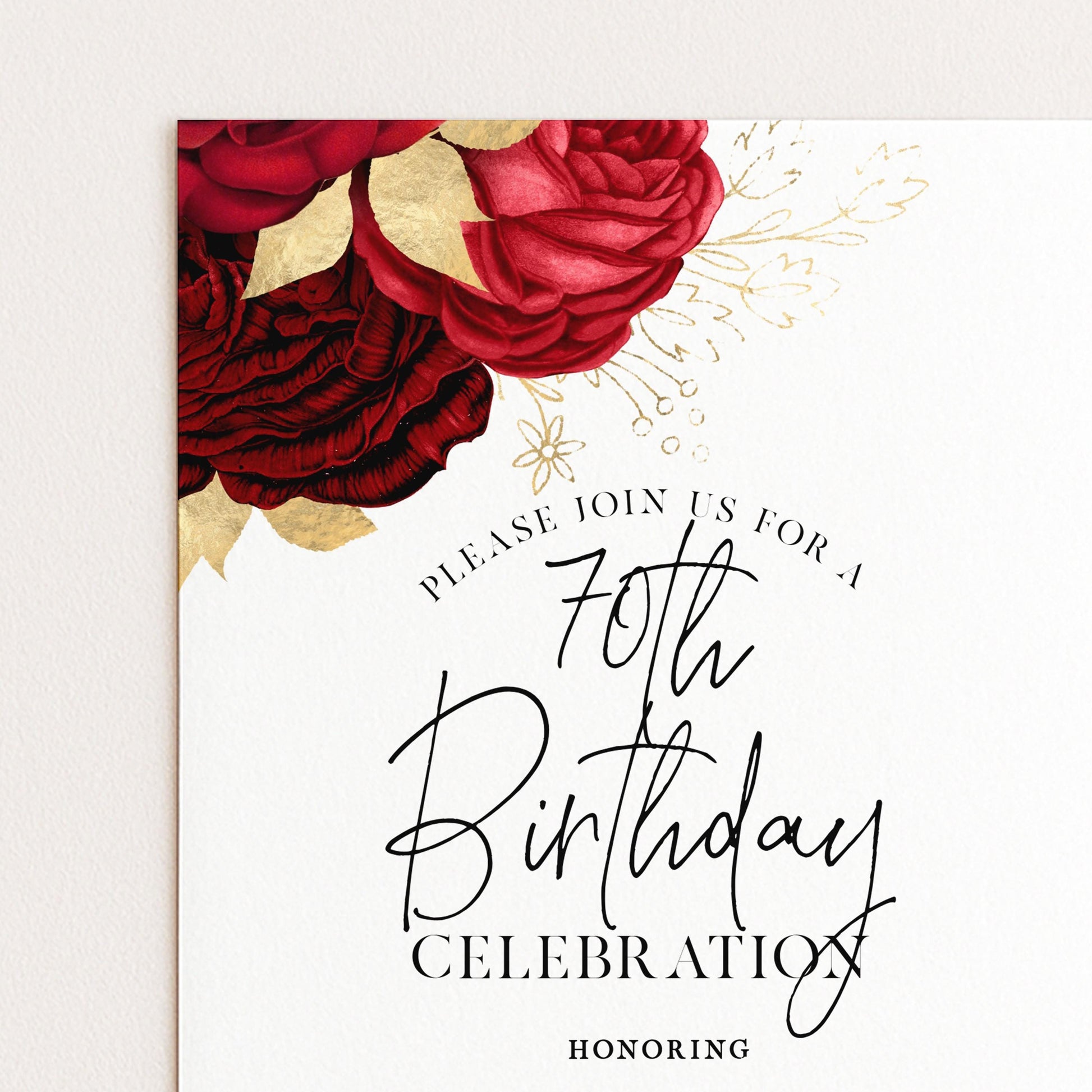 The image is a birthday invitation for a 70th celebration, featuring a floral design with red and gold roses.