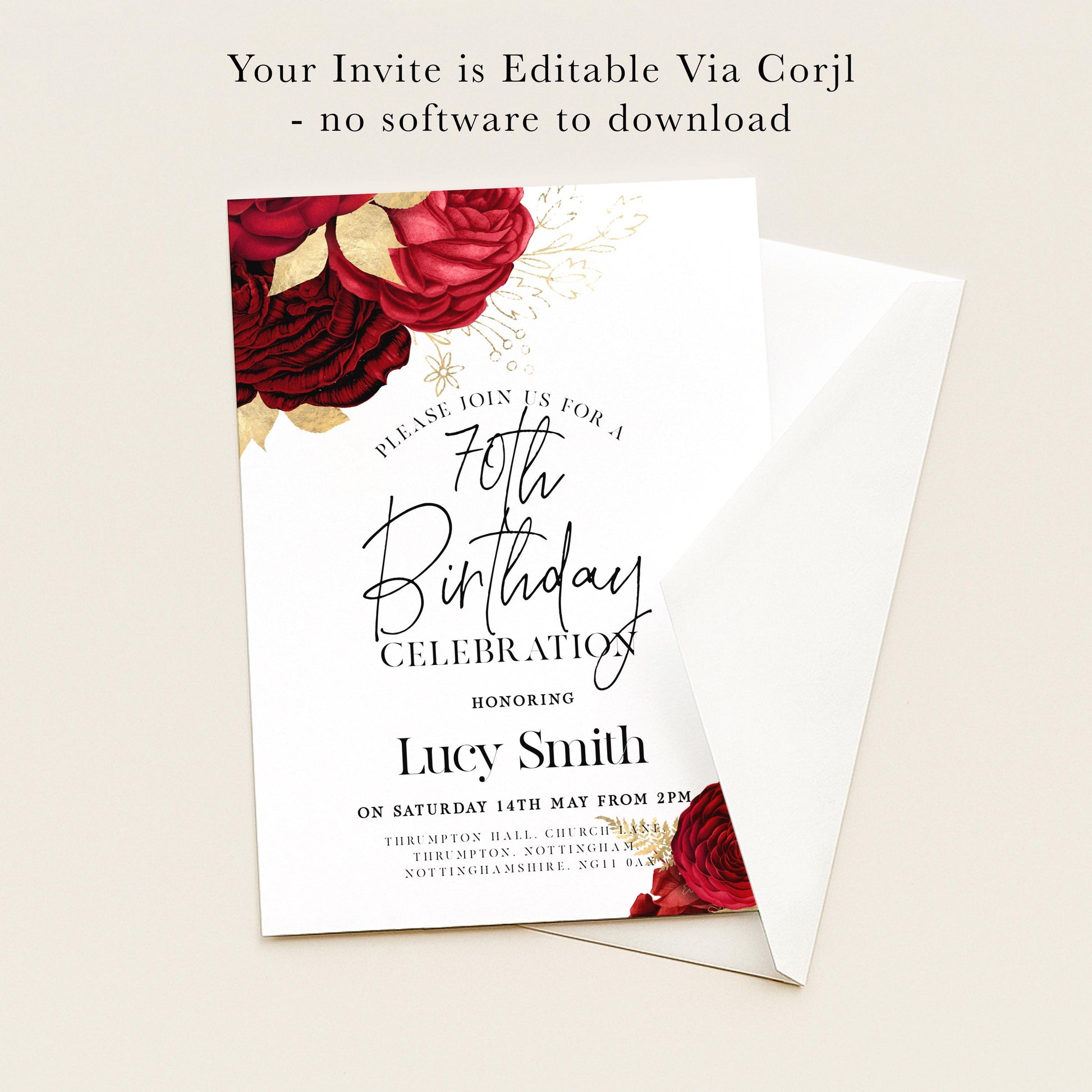 The image is a birthday invitation for a 70th celebration, featuring a floral design with red roses and gold accents.