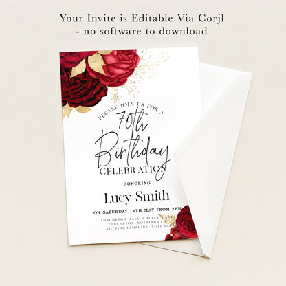 The image is a birthday invitation for a 70th celebration, featuring a floral design with red roses and gold accents.