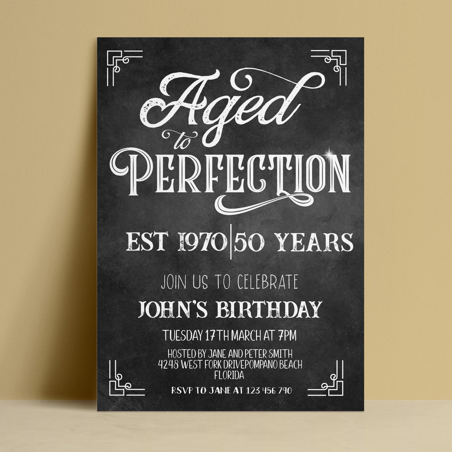 A black and white invitation card for John's 50th birthday celebration.