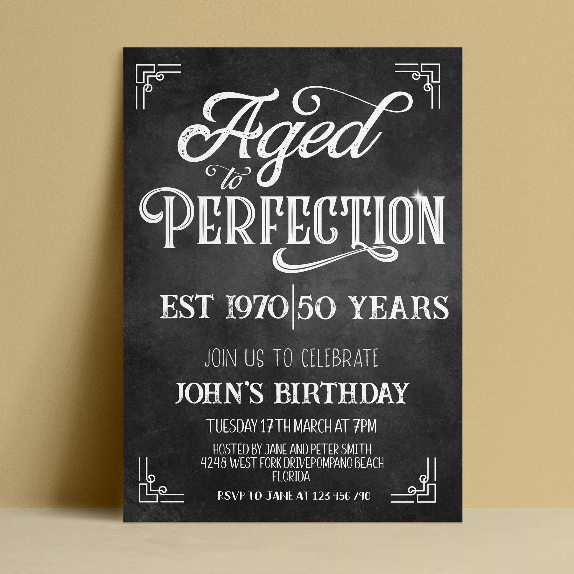 A black and white invitation card for John's 50th birthday celebration.