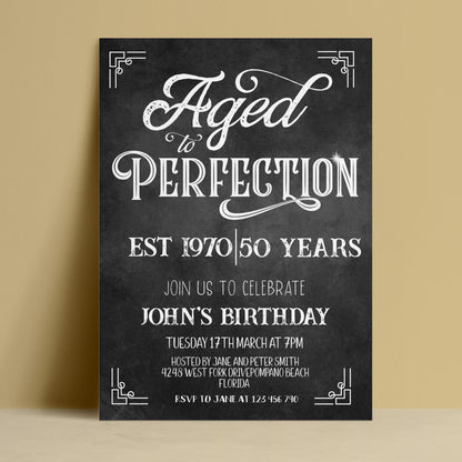 A black and white invitation card for John's 50th birthday celebration.