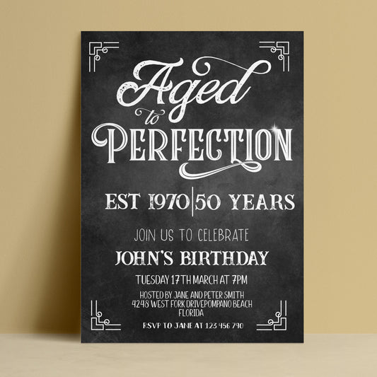 A black and white invitation card for John's 50th birthday celebration.