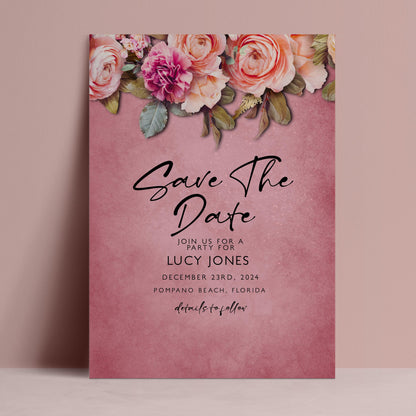 The image is a pink-colored wedding invitation card with a floral design and text inviting guests to a party for Lucy Jones.
