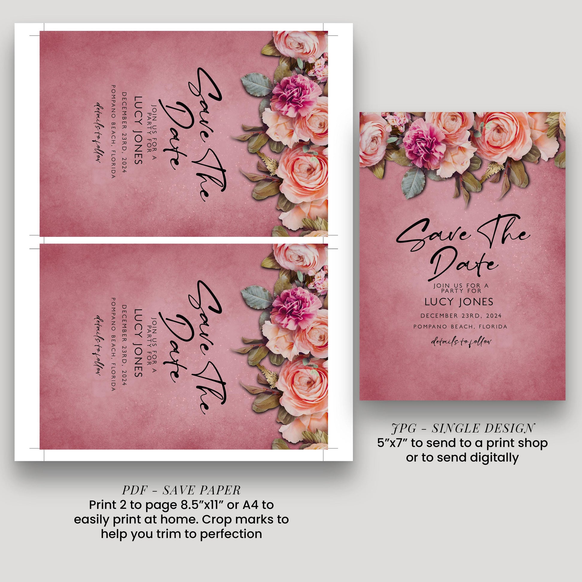 three different floral-themed wedding invitation designs, including a save-the-date card and a wedding invitation.