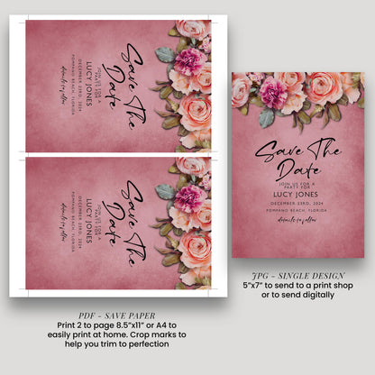 three different floral-themed wedding invitation designs, including a save-the-date card and a wedding invitation.