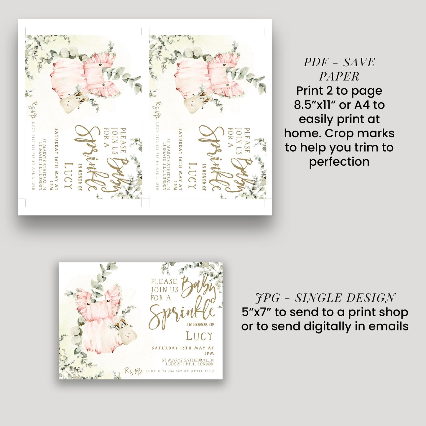 a set of invitation cards with floral designs and text, along with instructions for printing and sending the cards.