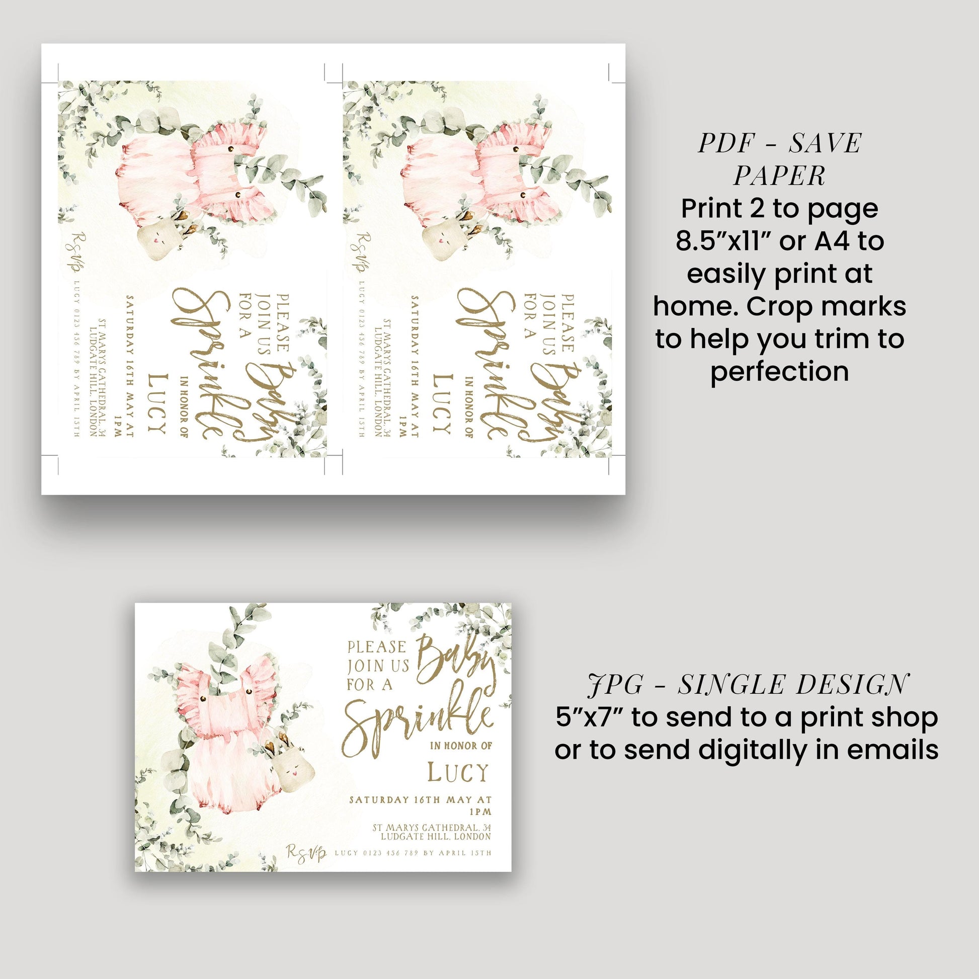 a set of invitation cards with floral designs and text, along with instructions for printing and sending the cards.