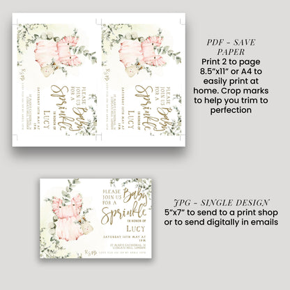 a set of invitation cards with floral designs and text, along with instructions for printing and sending the cards.