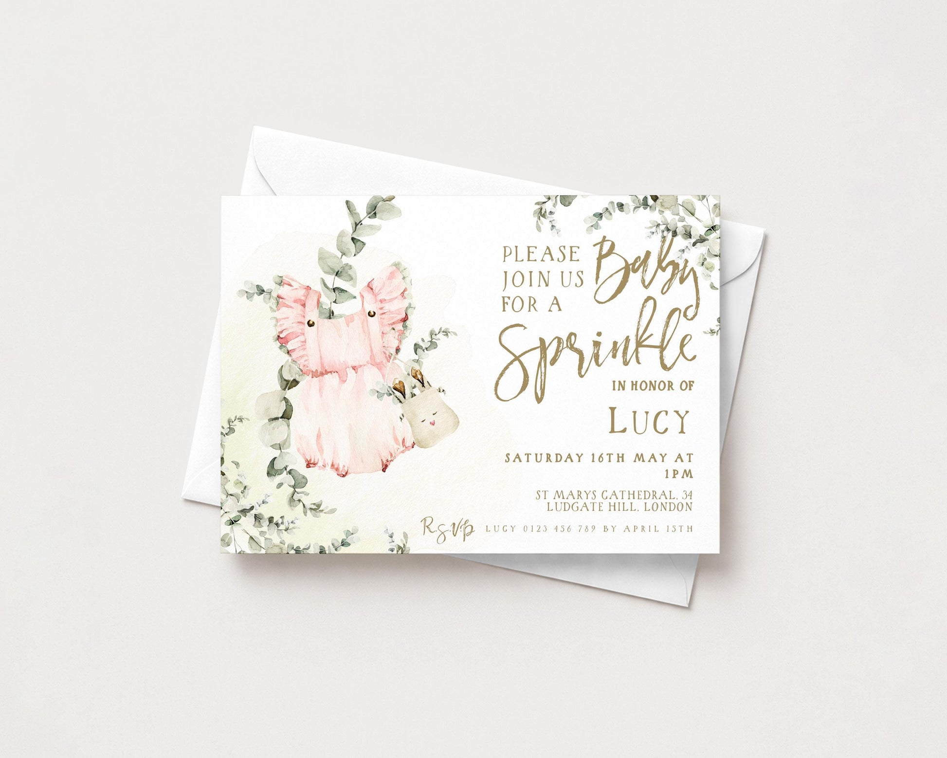 The image is a baby shower invitation featuring a pink fairy and a sprinkler, with a floral design and text inviting guests to join for a baby sprinkle in honor of Lucy.
