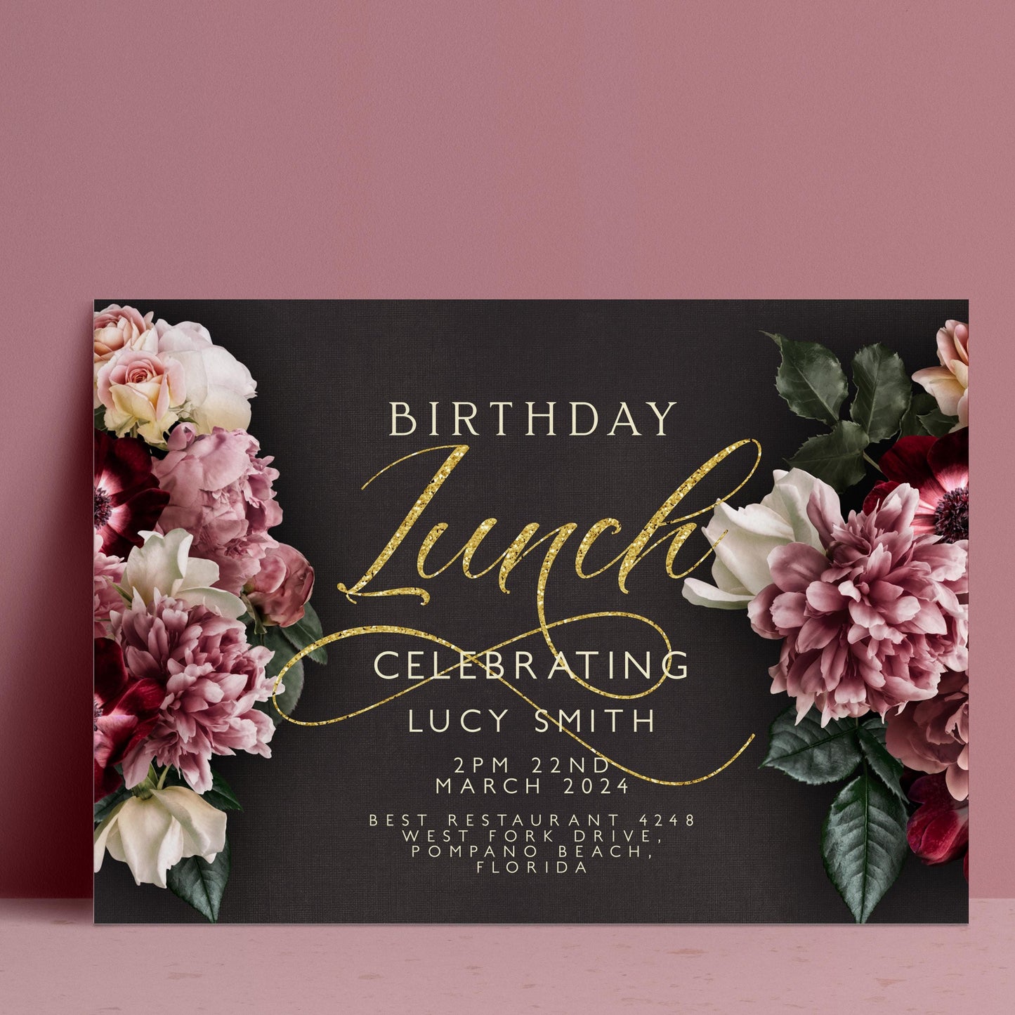 The image is a birthday invitation card featuring a floral design with pink and white flowers.